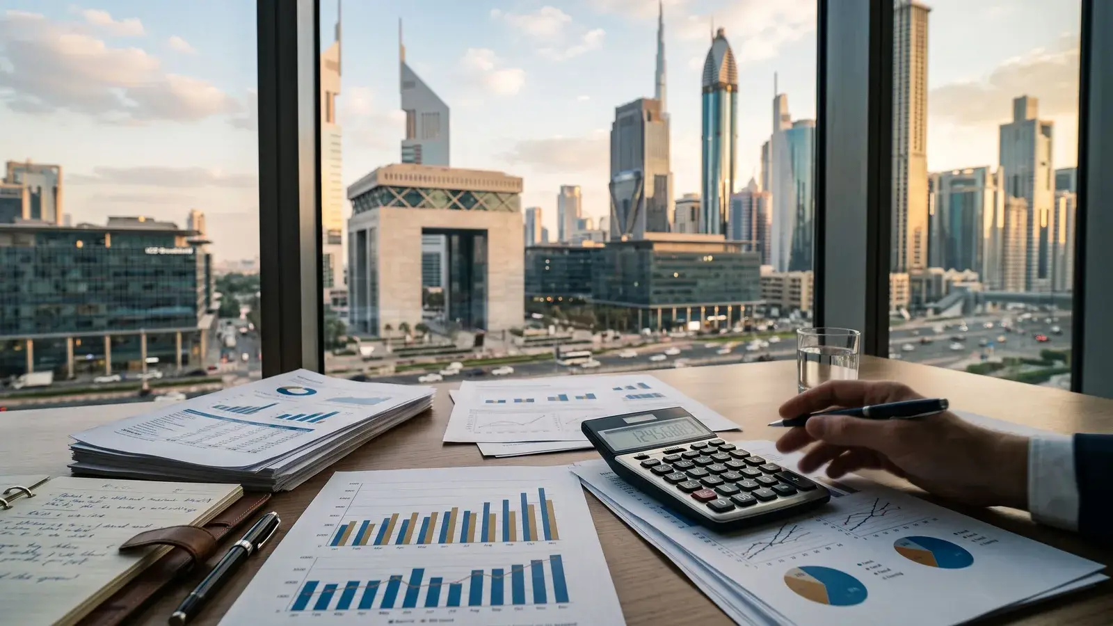 Dokumenty podatkowe na tle dzielnicy finansowej Dubaju. Ilustracja do tematu: Certyfikat rezydencji podatkowej ZEA, TRC i jego granice.
