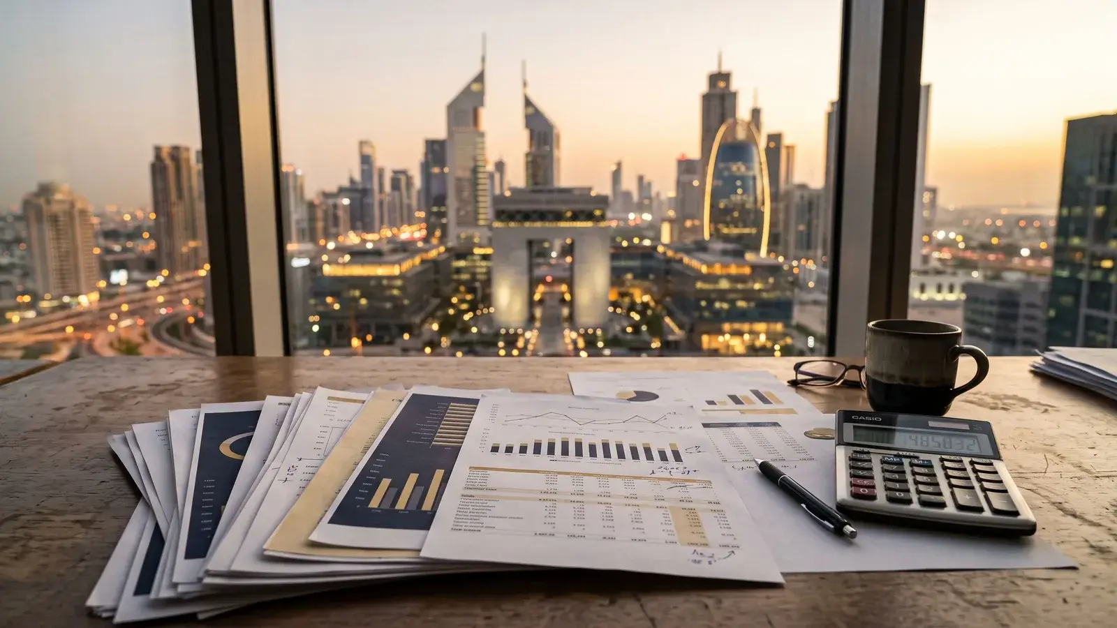 Dokumenty podatkowe na tle dzielnicy finansowej Dubaju. Ilustracja do tematu: CFC, spółka w ZEA i fundacja rodzinna jako alternatywa.