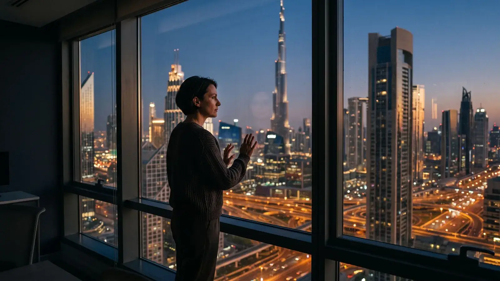 Osoba patrząca na panoramę Dubaju o zmierzchu. Ilustracja do tematu: Czy warto mieć Złotą Wizę? Plusy, minusy, pułapki, oszustwa.