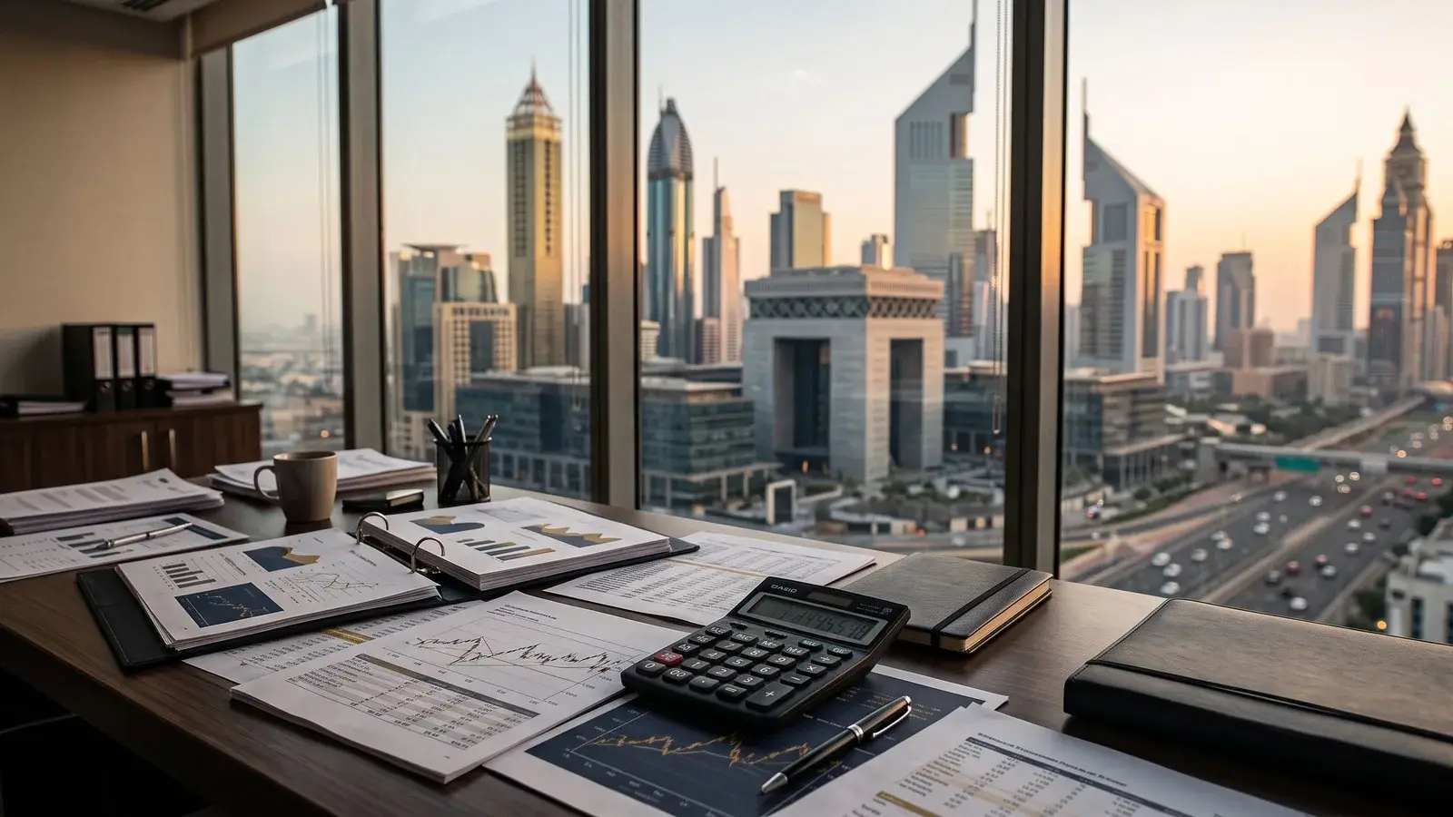 Dokumenty podatkowe na tle dzielnicy finansowej Dubaju. Ilustracja do tematu: Defence file, jak dokumentować dochody i pobyt z okresu ZEA.