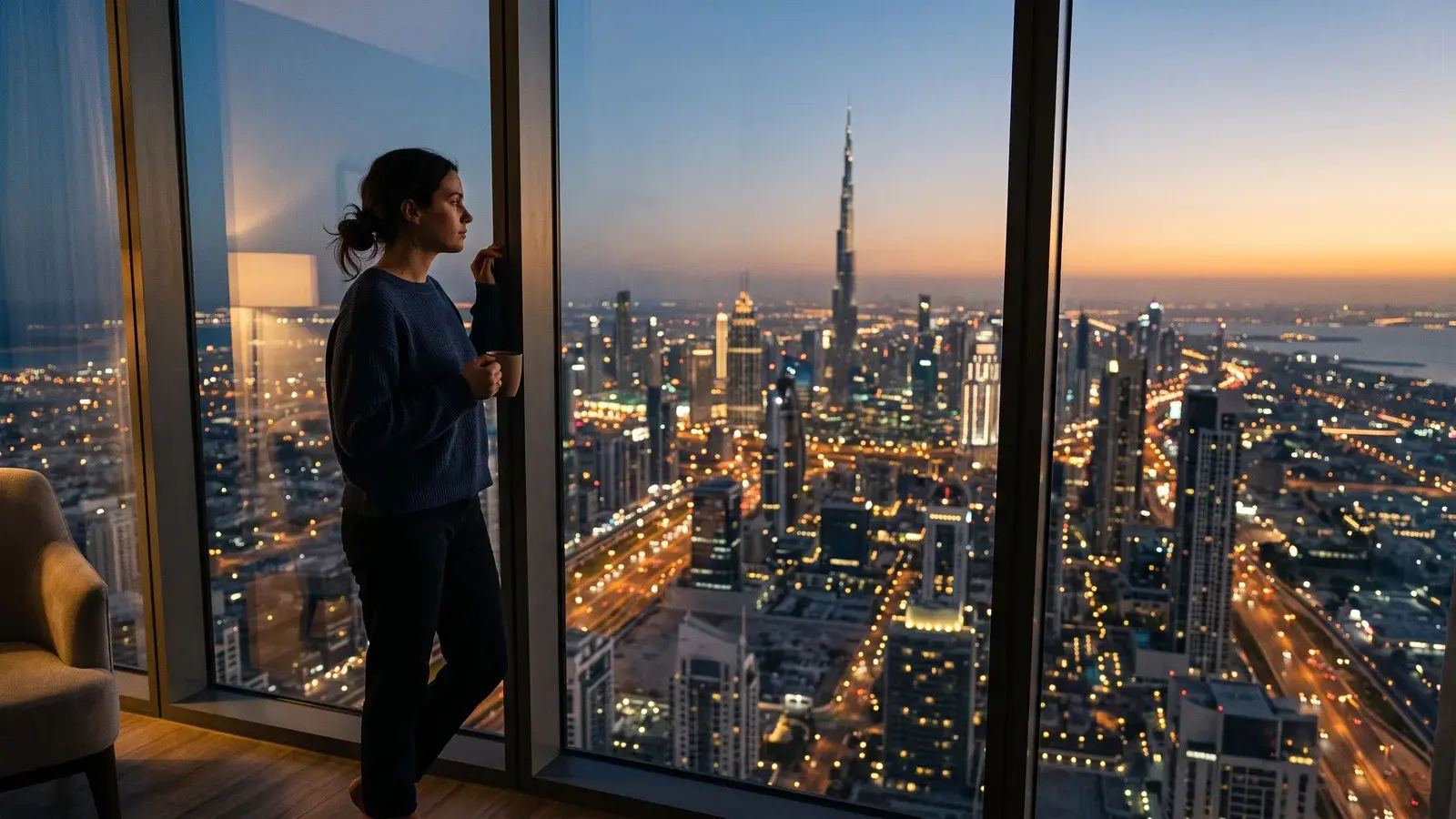 Osoba patrząca na panoramę Dubaju o zmierzchu. Ilustracja do tematu: Deweloper obiecuje wizę: co realnie znaczy „Golden Visa included”.