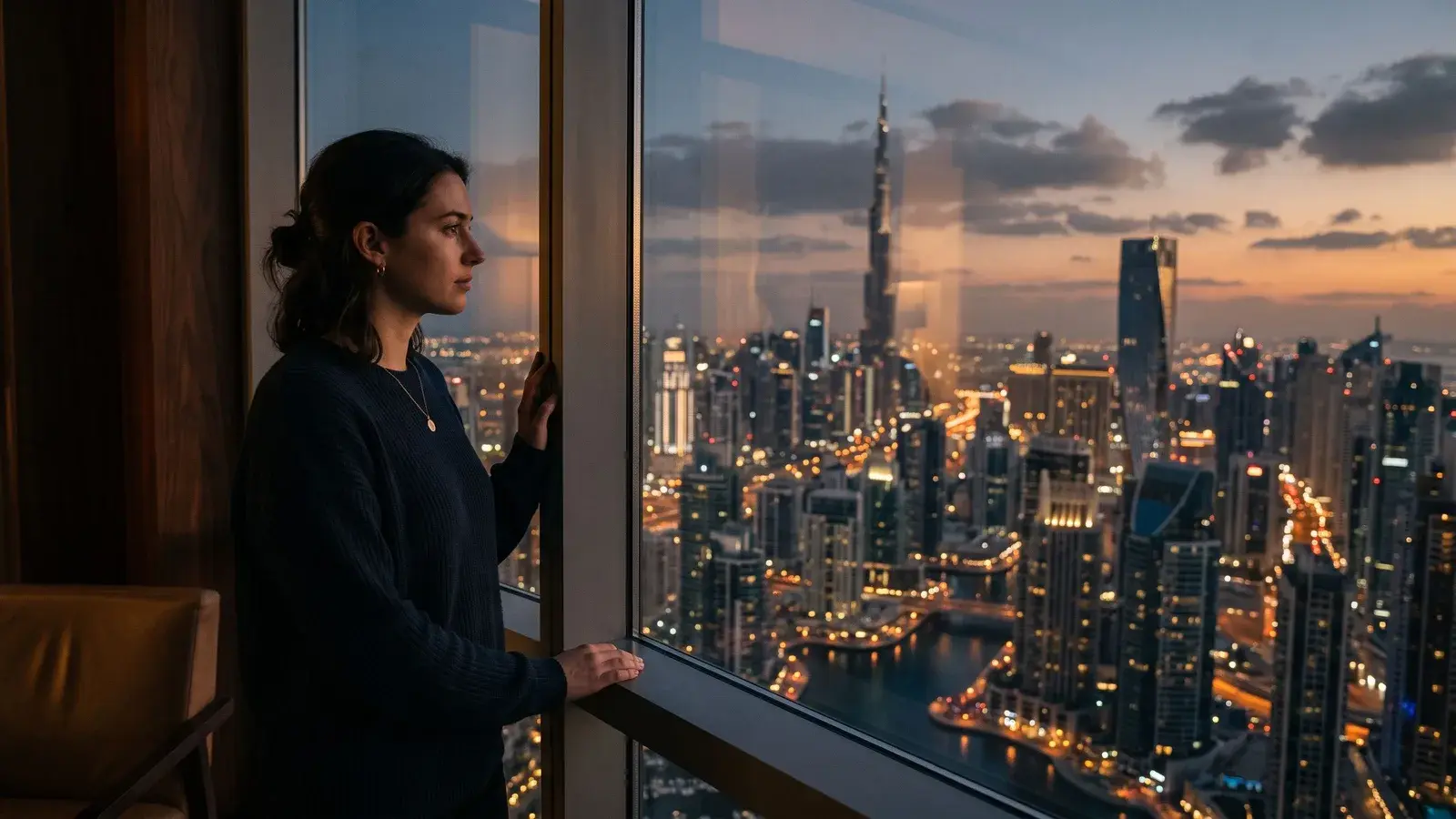 Osoba patrząca na panoramę Dubaju o zmierzchu. Ilustracja do tematu: Dla kogo Złota Wiza NIE ma sensu.