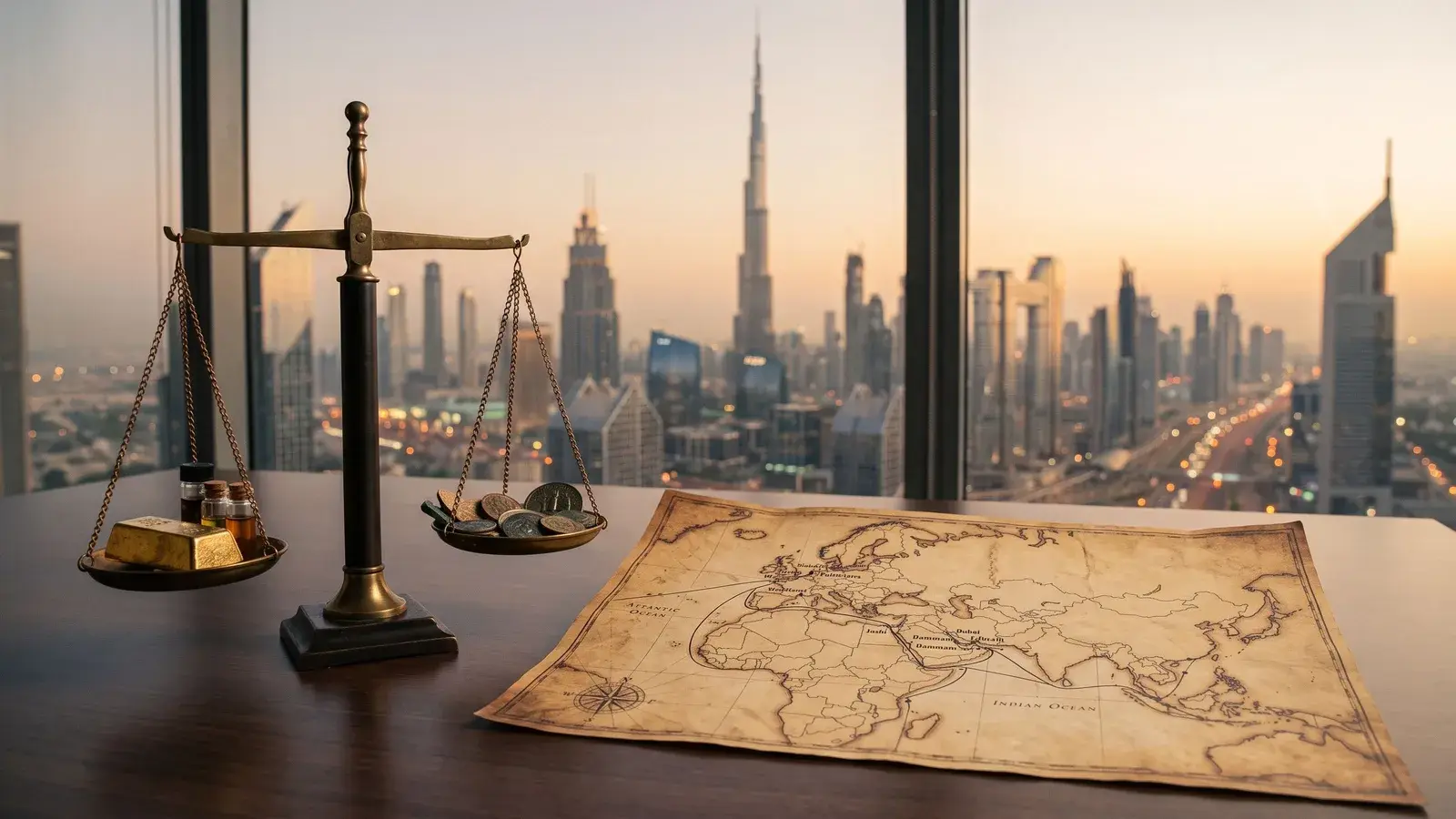 Waga i mapa łącząca Europę z Zatoką, koncepcyjnie. Ilustracja do tematu: Dubaj a Abu Zabi: te same przepisy, inna obsługa.