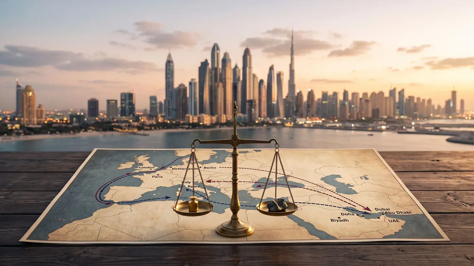 Waga i mapa łącząca Europę z Zatoką, koncepcyjnie. Ilustracja do tematu: Dubaj a Hiszpania: jeden program już zamknięty.