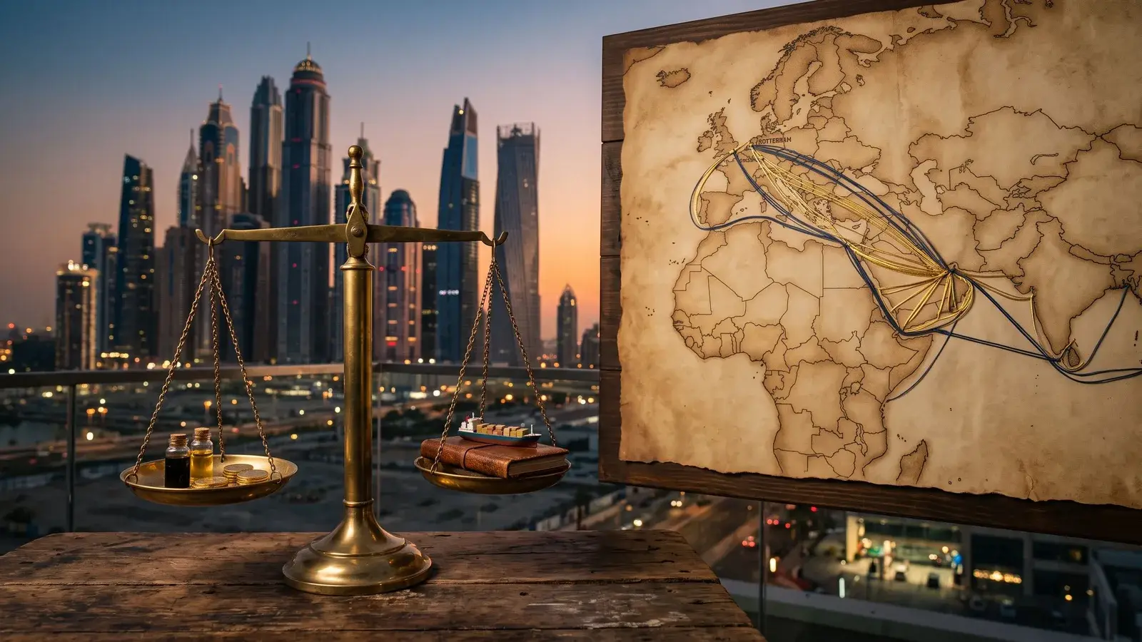 Waga i mapa łącząca Europę z Zatoką, koncepcyjnie. Ilustracja do tematu: Dubaj a Portugalia: dwie złote wizy po zmianach.