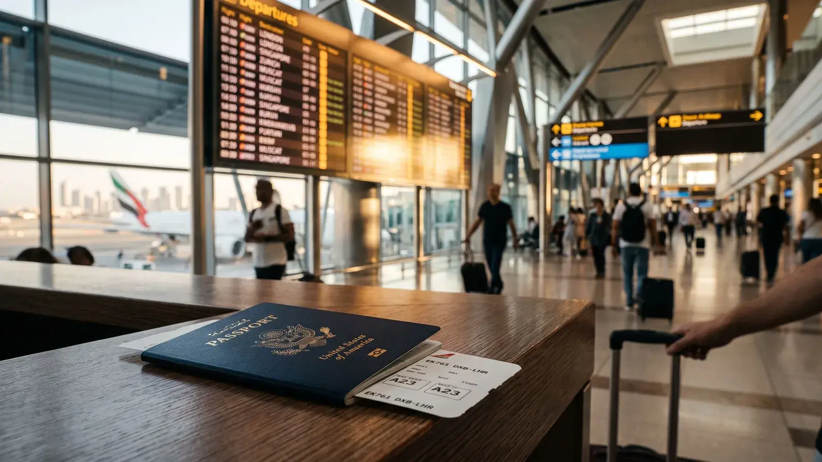 Paszport i karta pokładowa na lotnisku w Dubaju. Ilustracja do tematu: Wiza emerytalna w ZEA, emerytura w Dubaju od 55. roku życia.