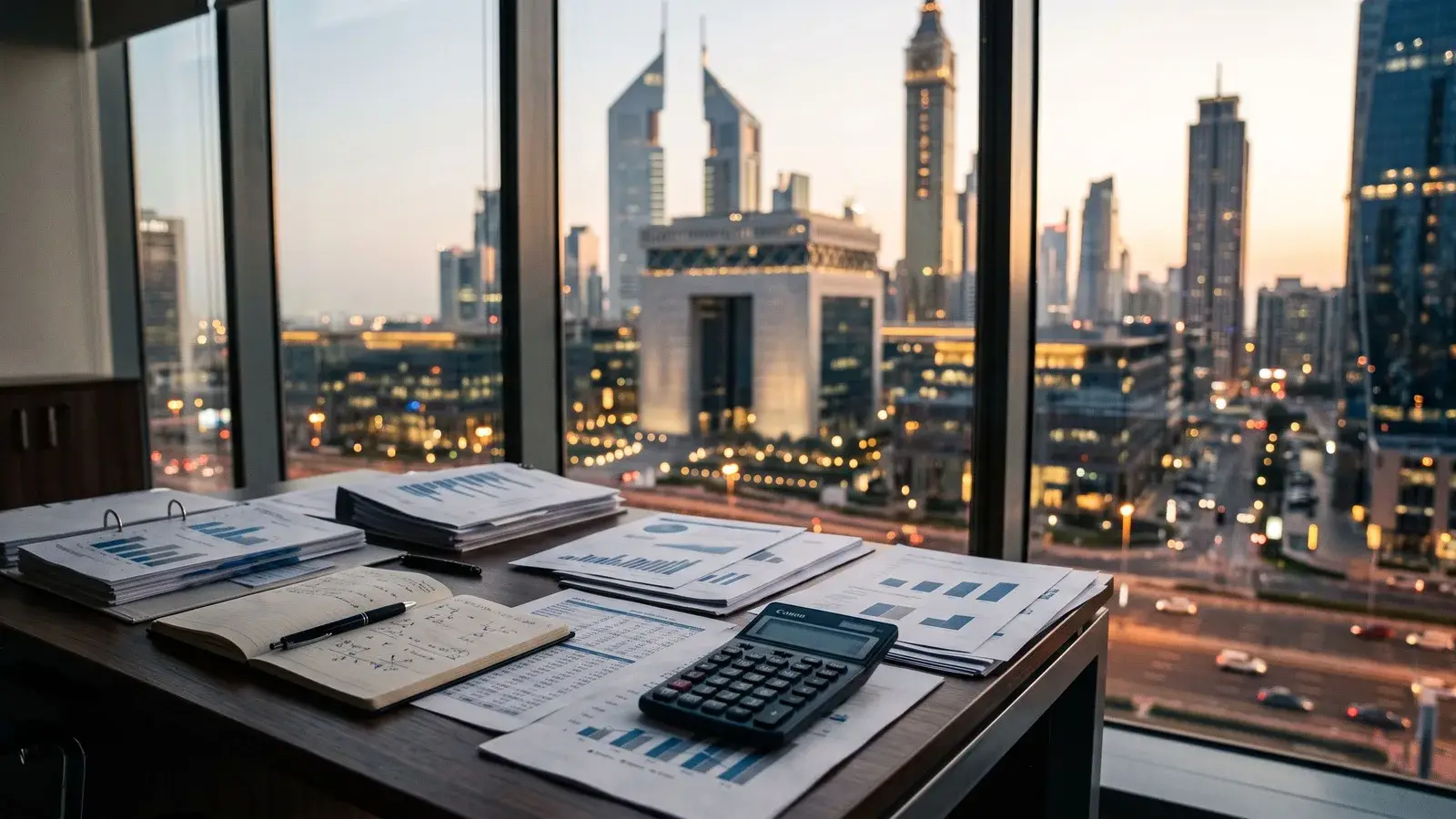 Dokumenty podatkowe na tle dzielnicy finansowej Dubaju. Ilustracja do tematu: Exit tax, podatek od wyjścia przy przenoszeniu majątku do ZEA.