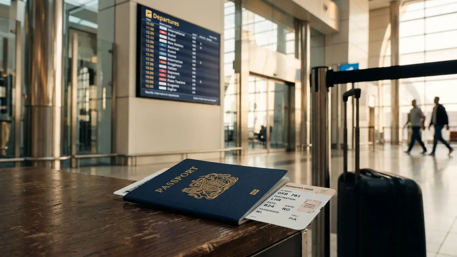 Paszport i karta pokładowa na lotnisku w Dubaju. Ilustracja do tematu: Freelance permit w ZEA, wiza dla freelancera.