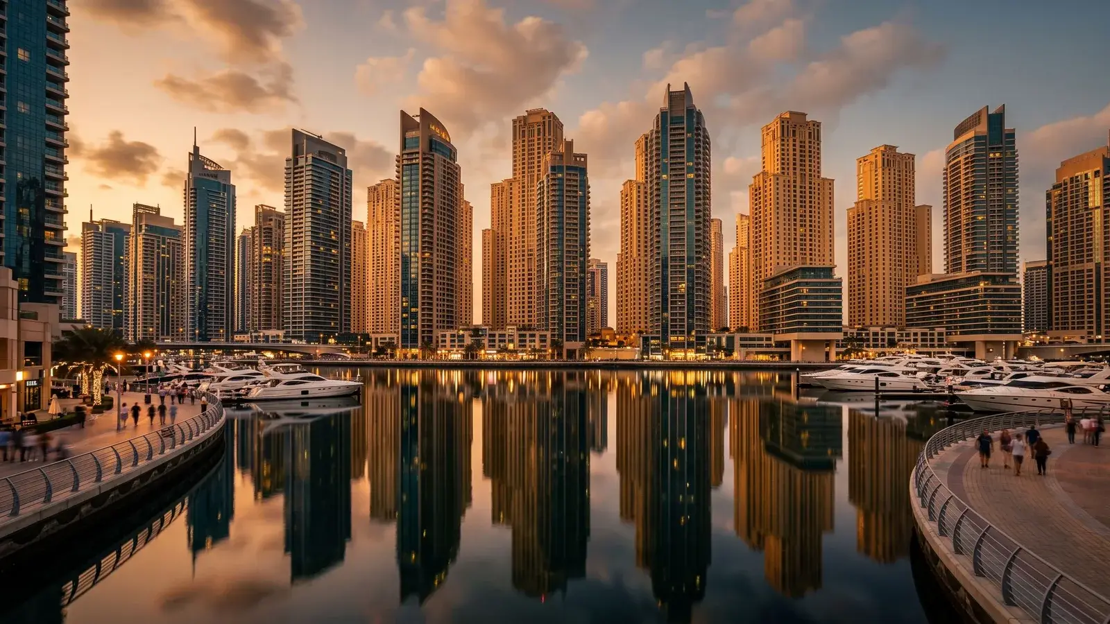 Wieżowce mieszkalne Dubai Marina o zachodzie słońca. Ilustracja do tematu: Gdzie kupić nieruchomość w Dubaju pod Złotą Wizę.