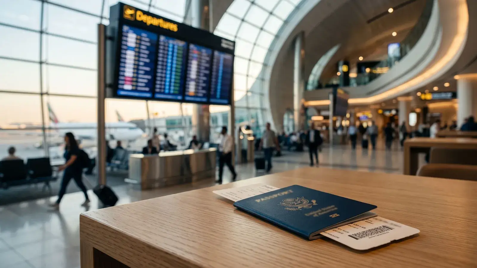 Paszport i karta pokładowa na lotnisku w Dubaju. Ilustracja do tematu: Green Visa ZEA, 5 lat bez sponsora dla specjalistów.