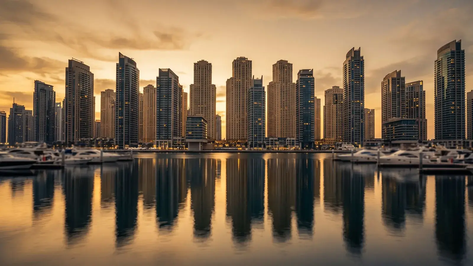 Wieżowce mieszkalne Dubai Marina o zachodzie słońca. Ilustracja do tematu: Nieruchomość z hipoteką a Złota Wiza w Dubaju.