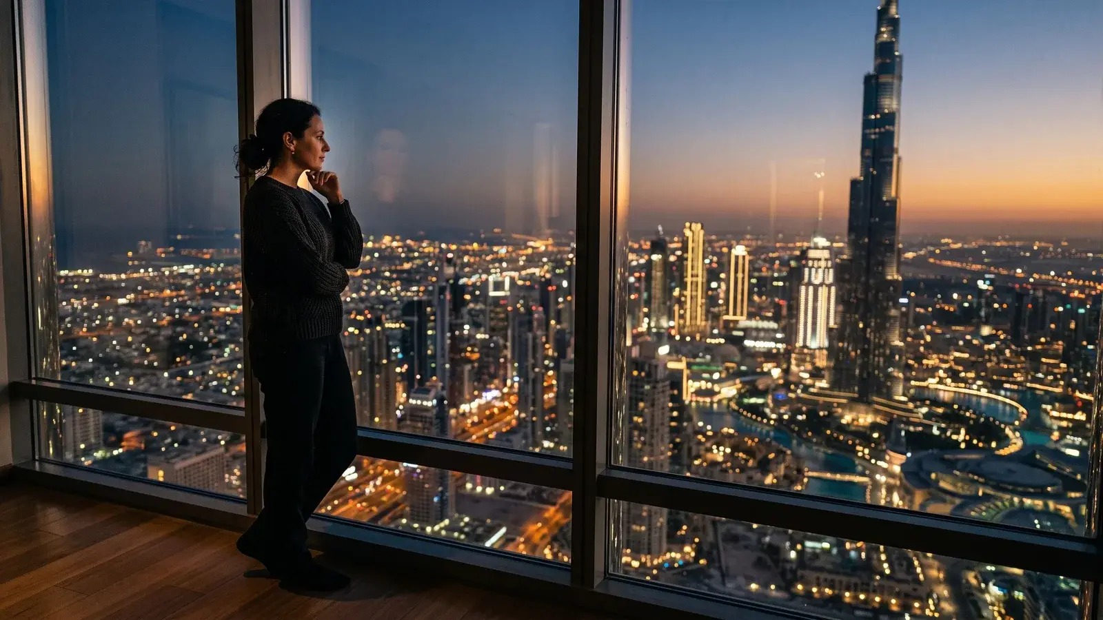 Osoba patrząca na panoramę Dubaju o zmierzchu. Ilustracja do tematu: Historie Polaków ze Złotą Wizą, reprezentatywne przypadki.