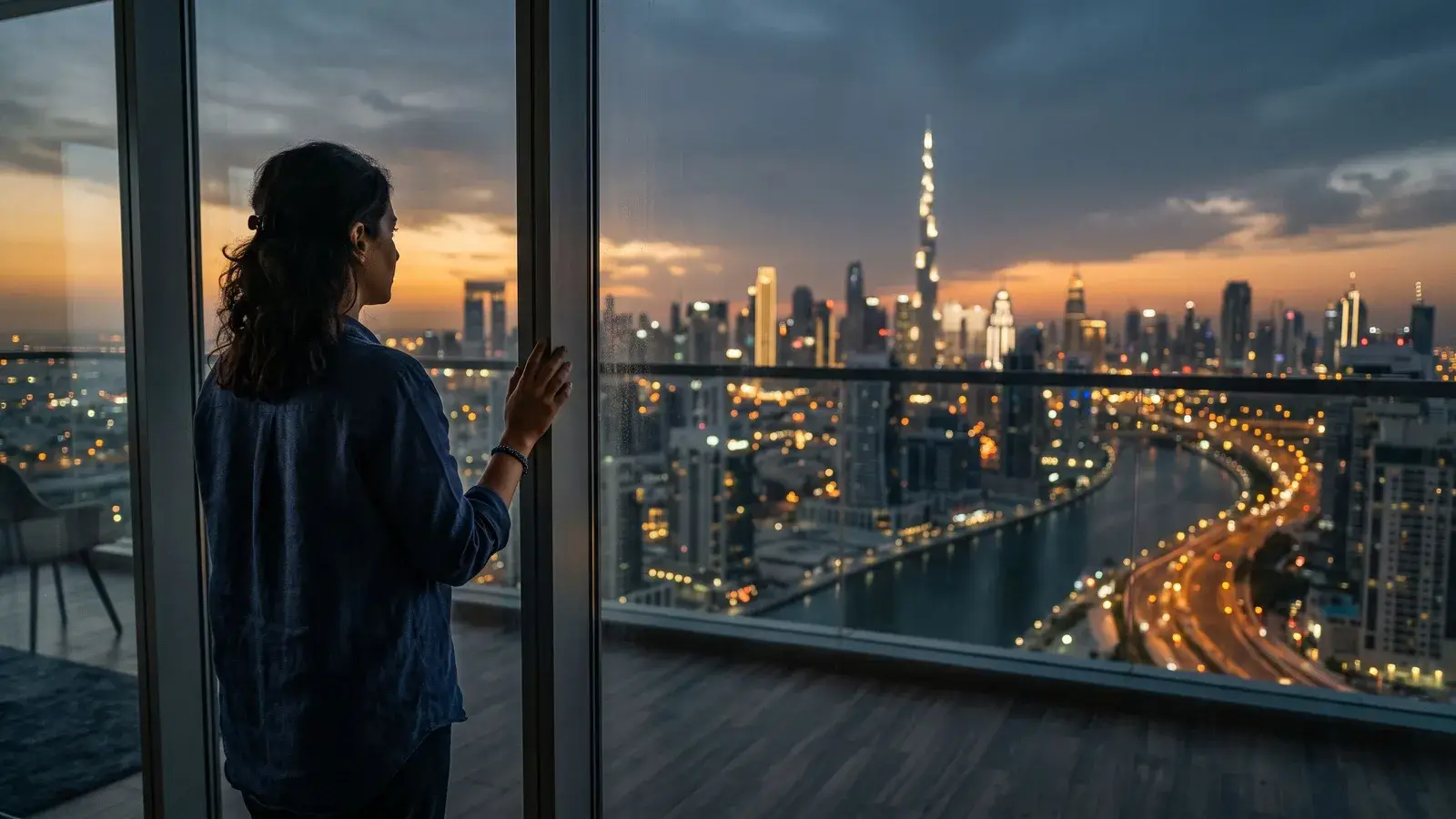 Osoba patrząca na panoramę Dubaju o zmierzchu. Ilustracja do tematu: Ile trzeba przebywać w ZEA na Złotej Wizie.