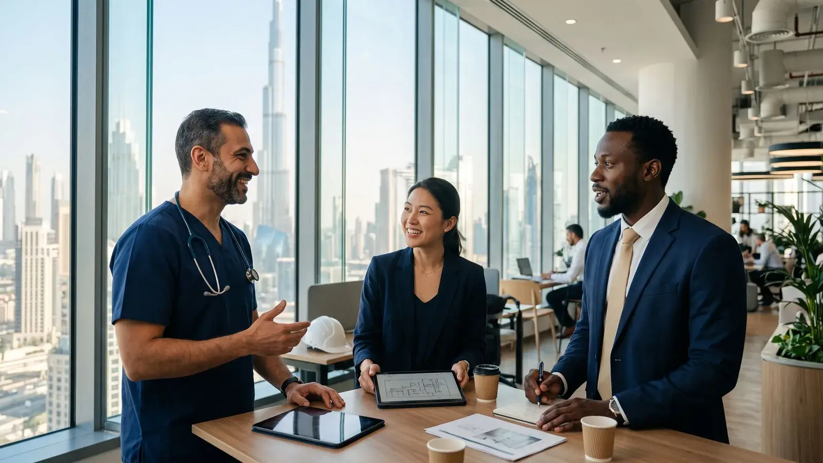 Specjaliści różnych zawodów w nowoczesnym biurze w Dubaju. Ilustracja do tematu: Złota Wiza dla lekarza i pielęgniarki.