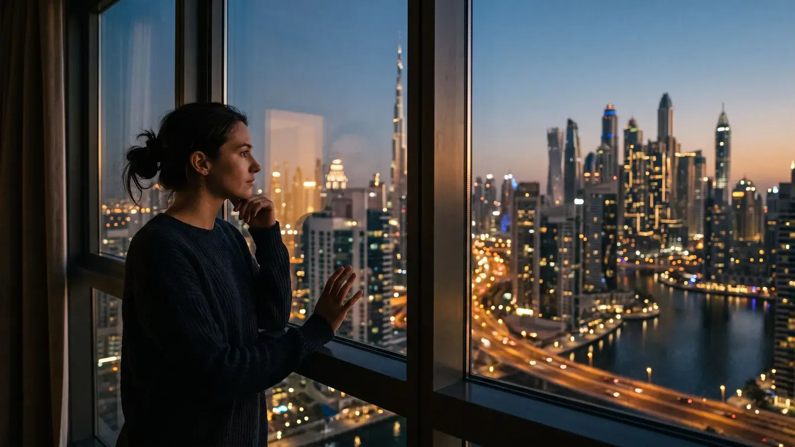 Osoba patrząca na panoramę Dubaju o zmierzchu. Ilustracja do tematu: Nie istnieje „gwarantowana” Złota Wiza.