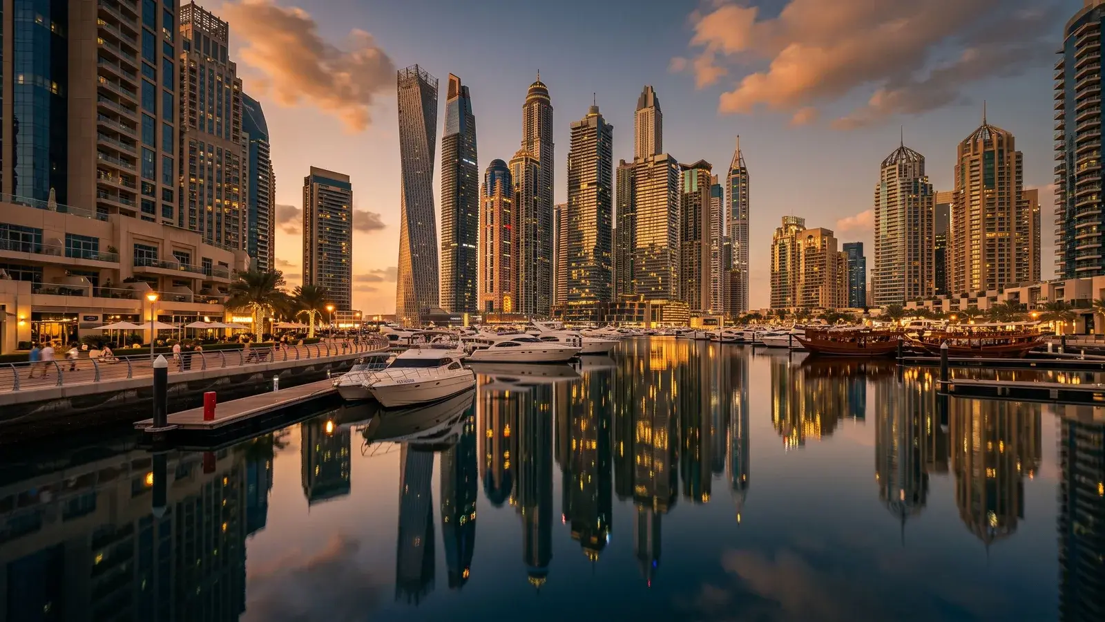 Wieżowce mieszkalne Dubai Marina o zachodzie słońca. Ilustracja do tematu: Off-plan a Złota Wiza: Oqood, escrow i zmiana zasad 2026.