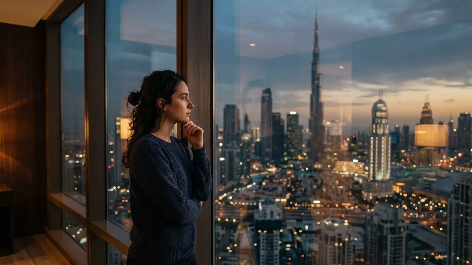 Osoba patrząca na panoramę Dubaju o zmierzchu. Ilustracja do tematu: Oszustwa „na Złotą Wizę”, jak je rozpoznać.