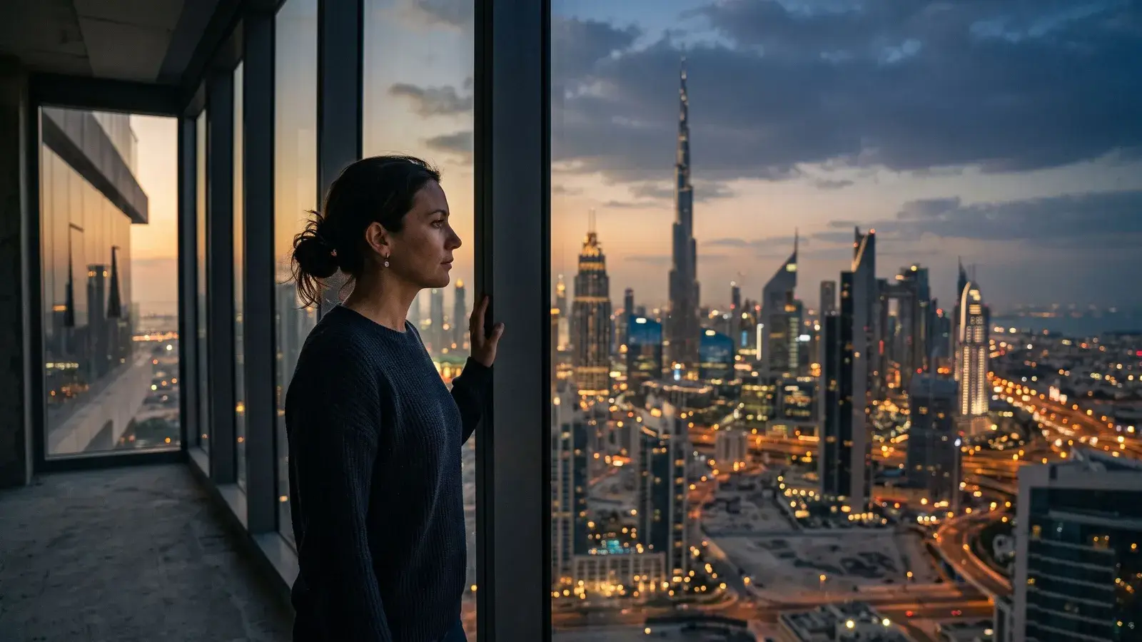 Osoba patrząca na panoramę Dubaju o zmierzchu. Ilustracja do tematu: Plusy i minusy Złotej Wizy, uczciwa lista.
