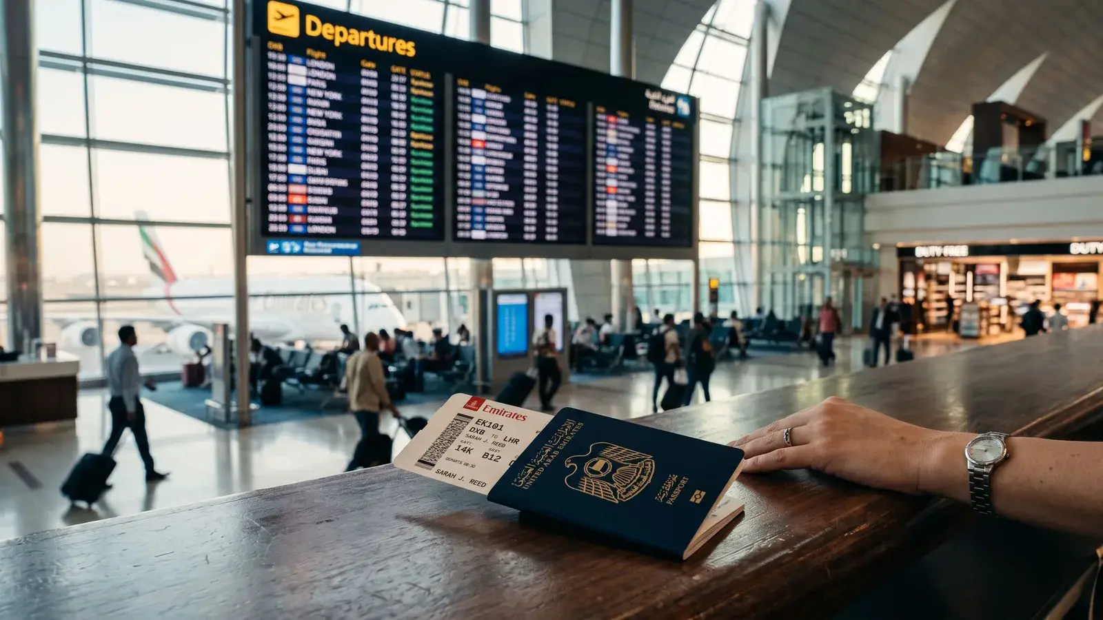 Paszport i karta pokładowa na lotnisku w Dubaju. Ilustracja do tematu: Wiza pracownicza do ZEA, sponsor, proces i czasy.