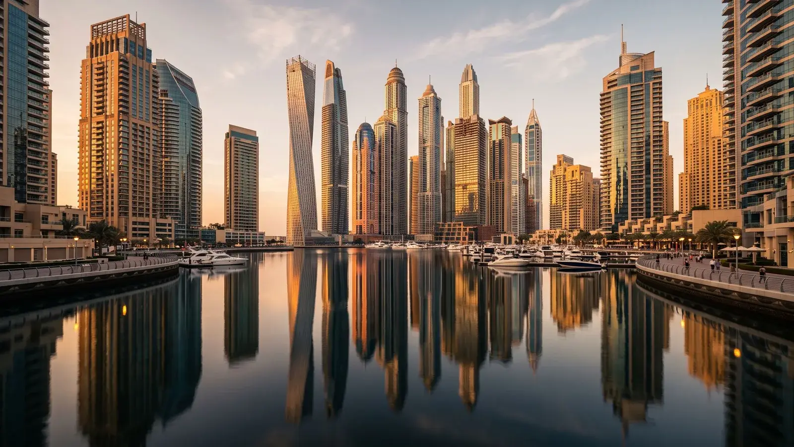 Wieżowce mieszkalne Dubai Marina o zachodzie słońca. Ilustracja do tematu: Proces zakupu nieruchomości w Dubaju pod Złotą Wizę.