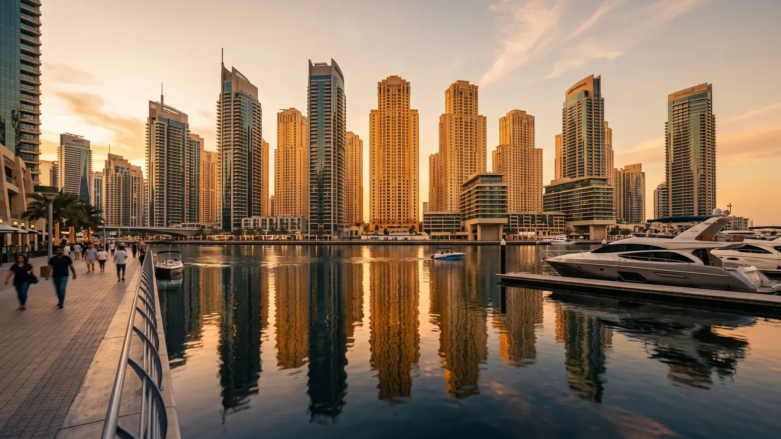 Wieżowce mieszkalne Dubai Marina o zachodzie słońca. Ilustracja do tematu: Próg 2 mln AED, co realnie liczy się do Złotej Wizy.