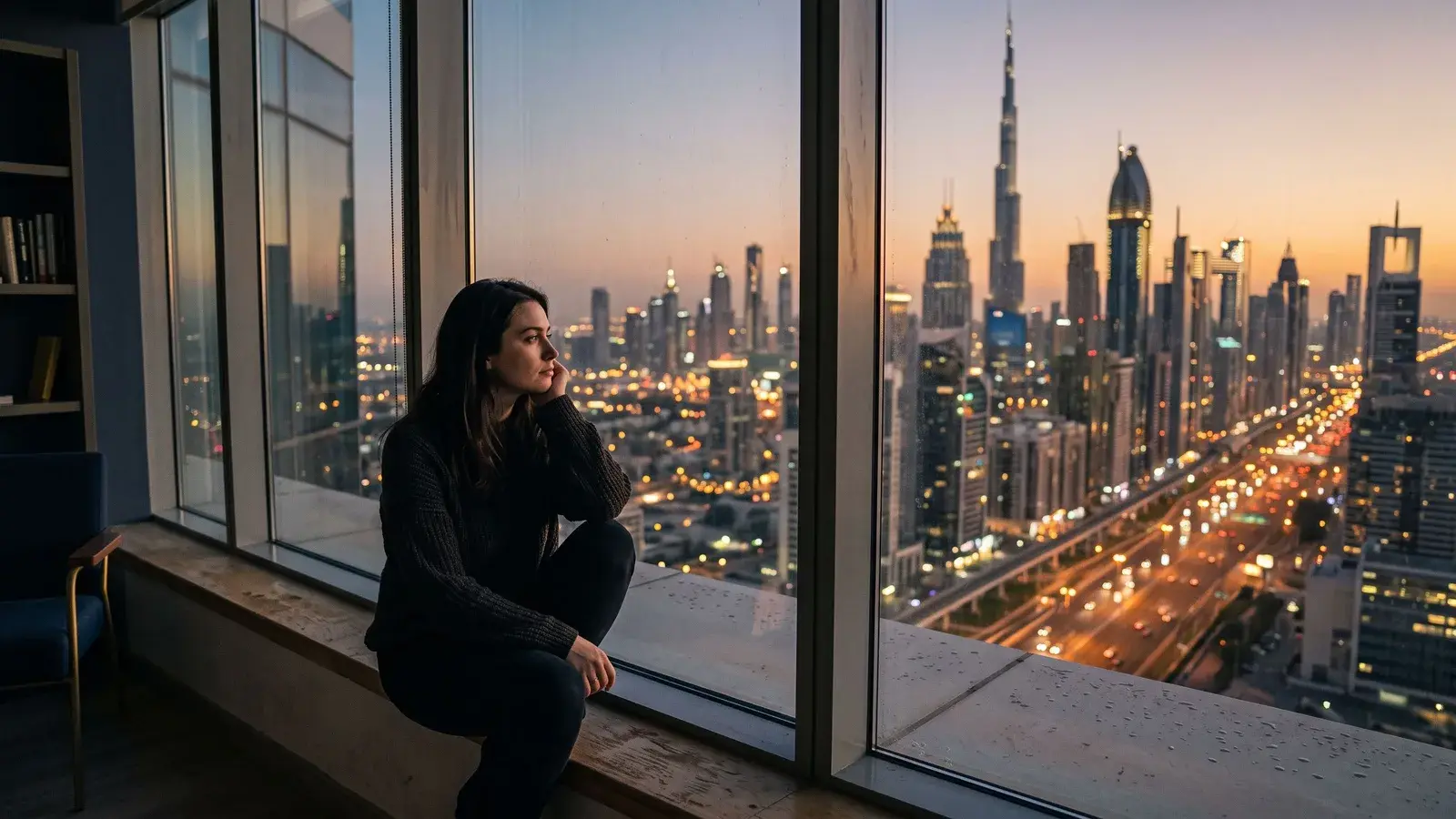 Osoba patrząca na panoramę Dubaju o zmierzchu. Ilustracja do tematu: Pułapki Złotej Wizy, na co realnie uważać.