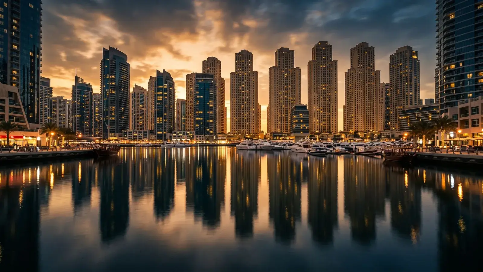 Wieżowce mieszkalne Dubai Marina o zachodzie słońca. Ilustracja do tematu: Rentowność wynajmu nieruchomości w Dubaju.