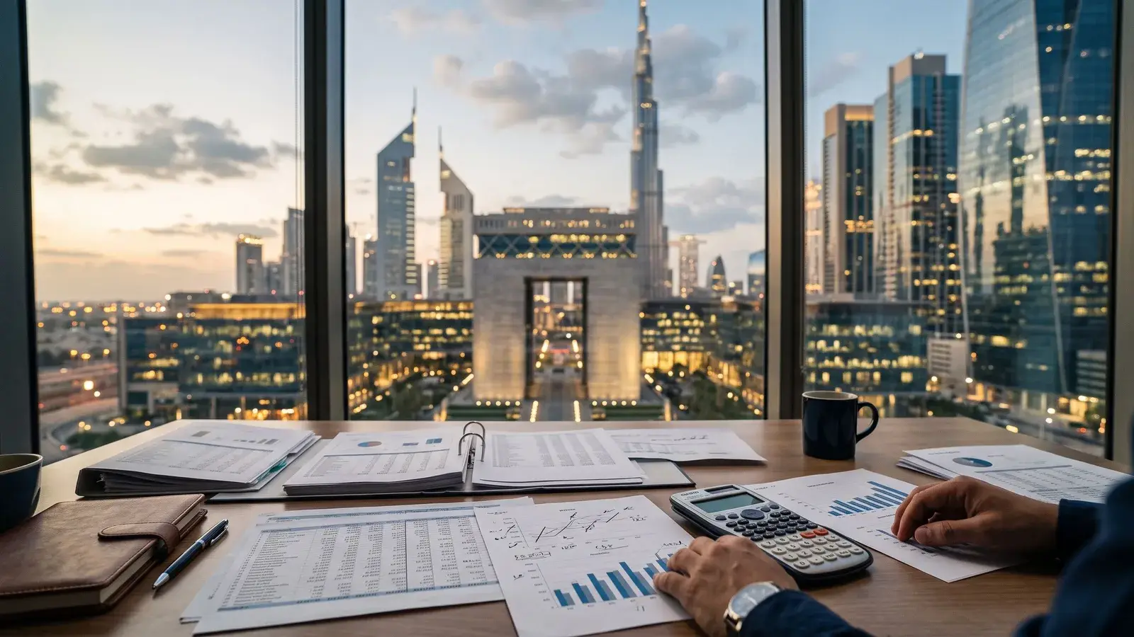 Dokumenty podatkowe na tle dzielnicy finansowej Dubaju. Ilustracja do tematu: Rezydencja podatkowa w ZEA a Polska, jak ją realnie przenieść.