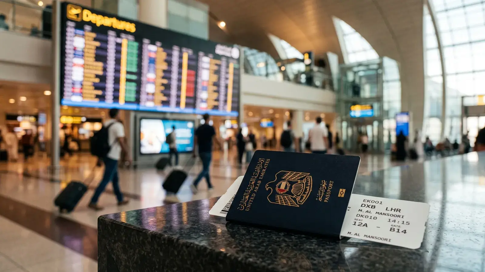 Paszport i karta pokładowa na lotnisku w Dubaju. Ilustracja do tematu: Wiza rodzinna (dependent) w ZEA.