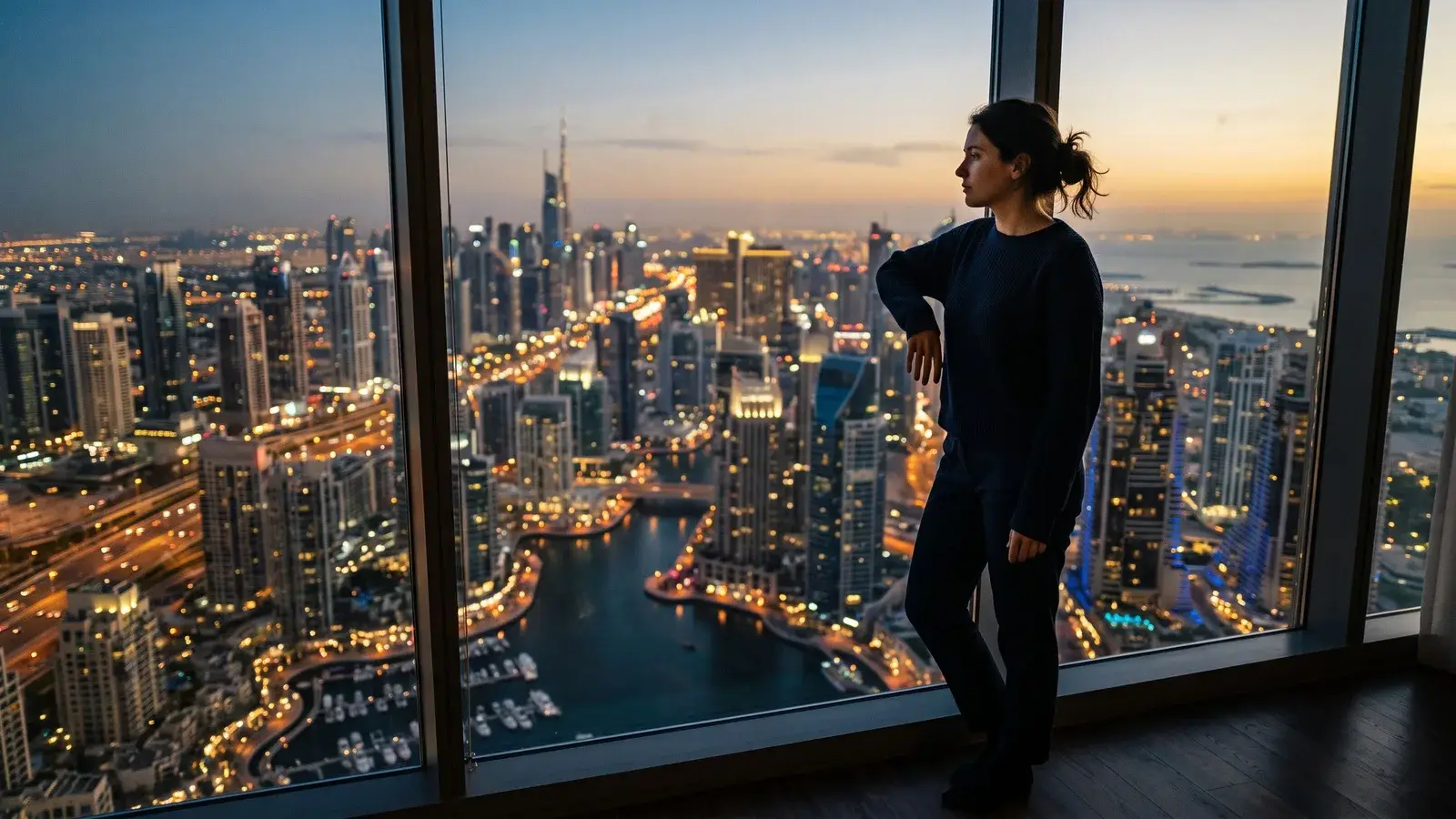 Osoba patrząca na panoramę Dubaju o zmierzchu. Ilustracja do tematu: Złota Wiza w liczbach, statystyki i trendy.