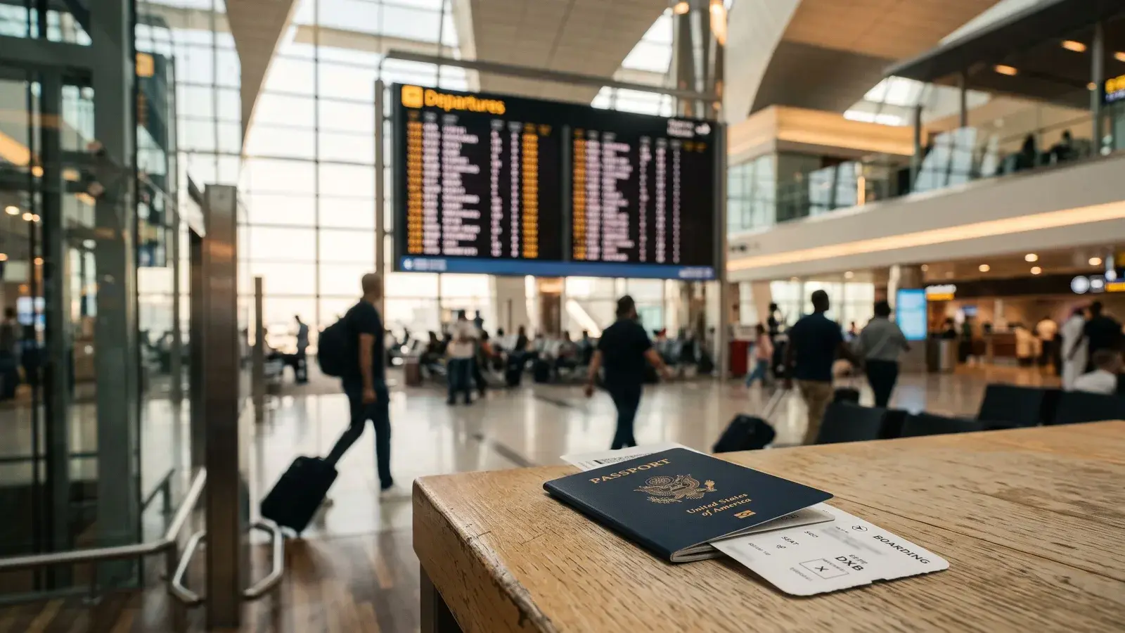 Paszport i karta pokładowa na lotnisku w Dubaju. Ilustracja do tematu: Wiza studencka do ZEA, studia w Dubaju.