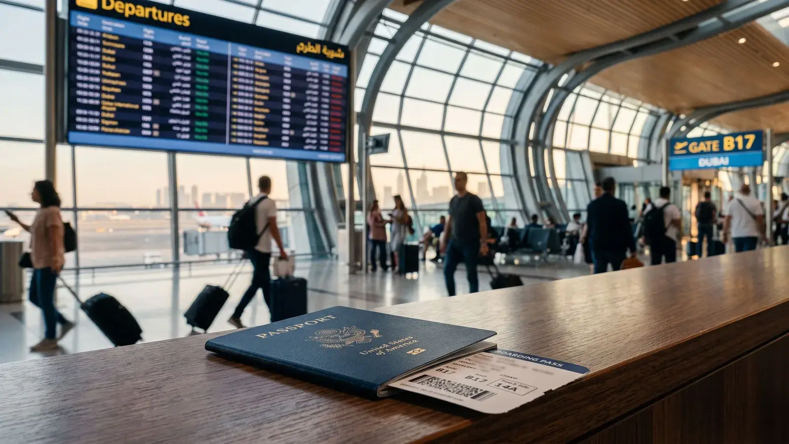 Paszport i karta pokładowa na lotnisku w Dubaju. Ilustracja do tematu: Wiza do Dubaju dla Polaków: czy jest potrzebna.