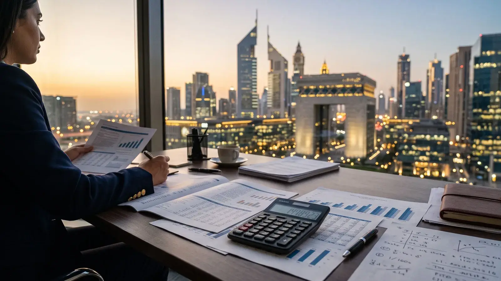 Dokumenty podatkowe na tle dzielnicy finansowej Dubaju. Ilustracja do tematu: Umowa PL–ZEA o unikaniu podwójnego opodatkowania.