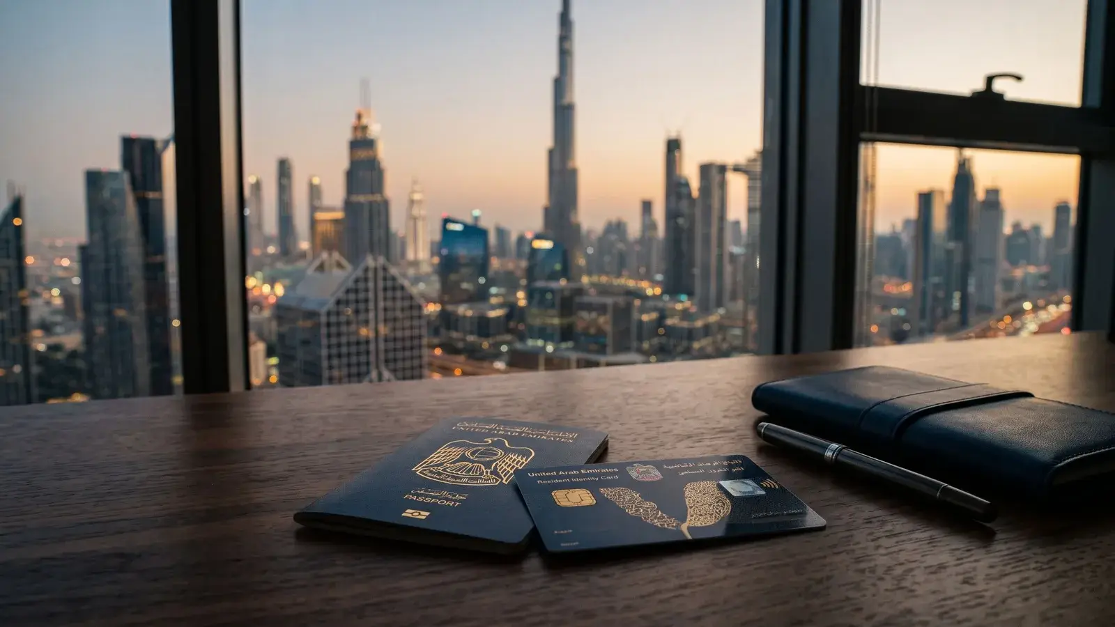 Karta rezydencka i paszport na tle panoramy Dubaju. Ilustracja do tematu: Wymagania Złotej Wizy w Dubaju: wszystkie progi.