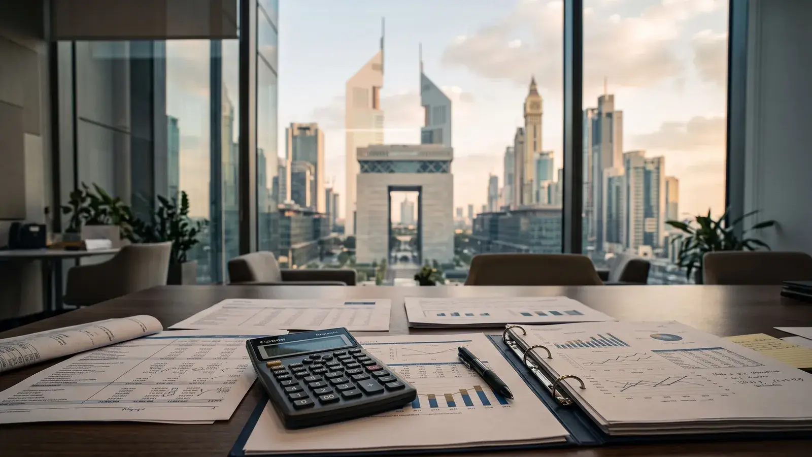 Dokumenty podatkowe na tle dzielnicy finansowej Dubaju. Ilustracja do tematu: ZUS, emerytura i NFZ, gdy pracujesz w ZEA.